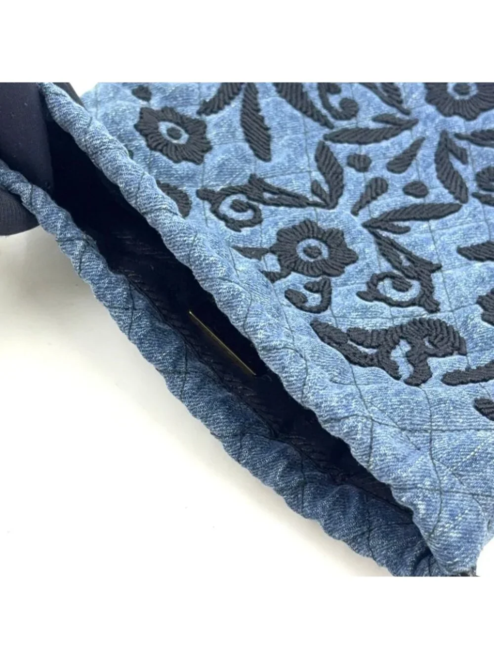 Prada Embroidery Drawstring Leather Denim Blue Pouch